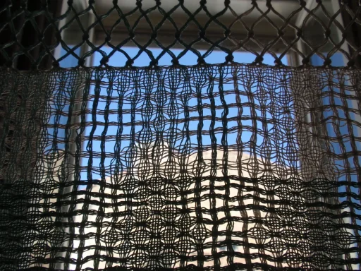 Photo en contre jour : travers de la structure dentelle, on voit le ciel derrière du tissu