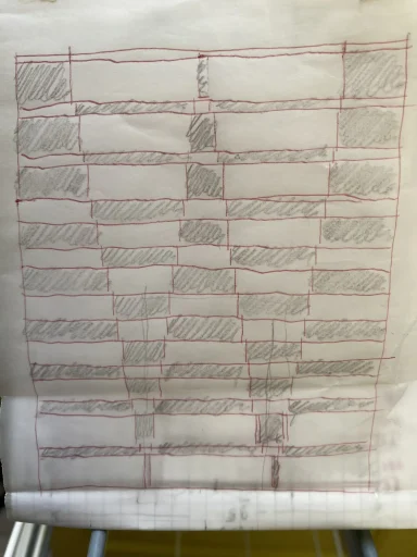 esquisse en crayon et stylo bille sur un papier - le tas de rectangles en 2 couleurs de la taille graduelle se forment tours iconiques